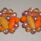 Rose Tangerine Cluster Pearl Earrings Elegant Vintage Retro Japan Clip-on Pink Orange Glass Beads