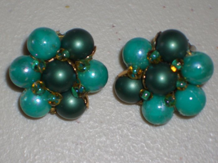 Vintage Clipon Earrings Teal Jade Faux Pearl Cluster Green Beads Retro