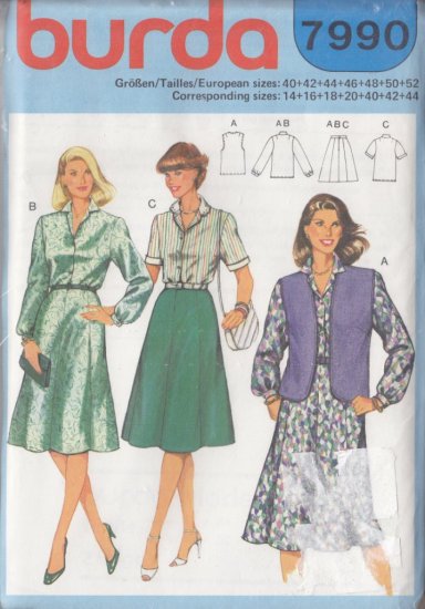 Flared Two Piece Dress and Vest Size 14-44 Uncut Burda 7990 Secretary Chic Blouse Skirt Waistcoat