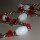Candy Cane Glass Opera Necklace White and Red Oblong Faceted Beads Silver Chainlink Boho Hippy Glam