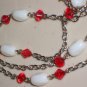 Candy Cane Glass Opera Necklace White and Red Oblong Faceted Beads Silver Chainlink Boho Hippy Glam