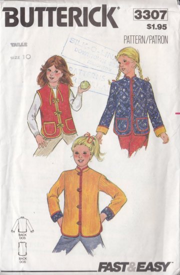 Girl's Indie Boho Reversible Jacket Size 10 Uncut Butterick 3307 70s Vest Mandarin Collar Hippy Chic