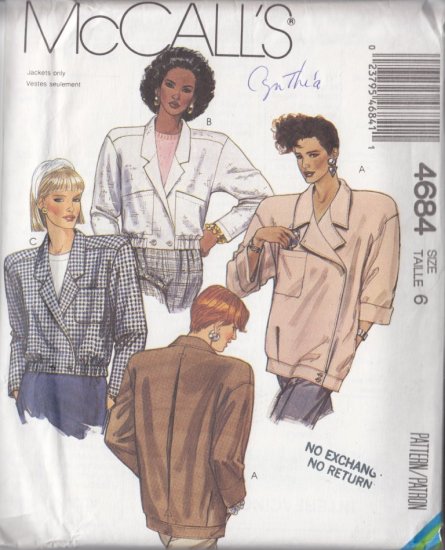 Boxy Double Breasted Masculine Jacket Size 6 Uncut McCall's 4684 Women's Power Glam Retro Jacket