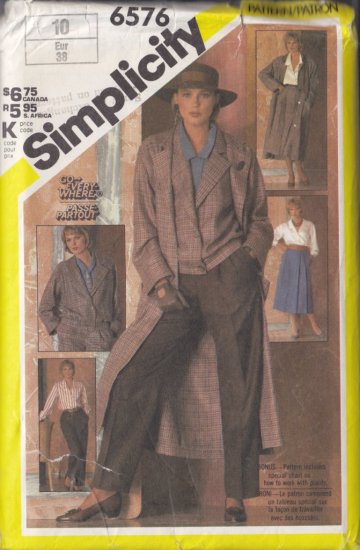 Women's Executive Business Power Separates Size 10 Uncut Simplicity 6576 Duster Coat Skirt Trousers