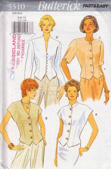 Cap Sleeve Jacket Cover-Up Tops Size 6-10 Uncut Butterick 3510 Feminine Elegant Mod Chic Stylish Top