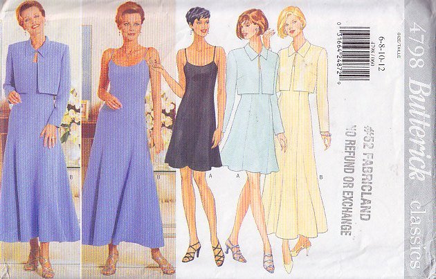 Flared Day Dress Bolero Set Size 6-12 Uncut Butterick 4798 Long Elegant Flirty Short Cropped Jacket