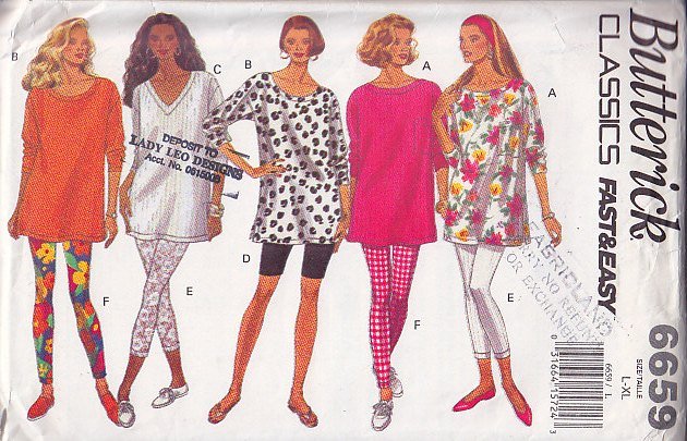 Loose Pullover Top and Knit Leggings Size L-XL Uncut Butterick 6659 Fun Casual Blossom Tunic Tights