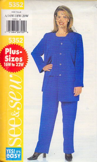 Basic Pants Suit Separates Plus Size 16W-20W Uncut Butterick 5352 Easy Chic Cardigan Top Trousers