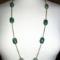 Marbled Jade Green Baubles Opera Necklace Elegant Mod Oval Beads Antique Bronze Tone Chain Boho Chic