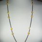 Yellow Square Beaded Opera Necklace Pretty Dainty Cute Swirled Glass Beads Gunmetal Chain Mod Chic