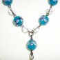 Aqua Blue Cherry Blossoms Beaded Matinee Gunmetal Necklace Romantic Ladylike Pretty Glass Marbles