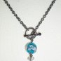 Aqua Blue Cherry Blossoms Beaded Matinee Gunmetal Necklace Romantic Ladylike Pretty Glass Marbles