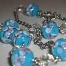 Aqua Blue Cherry Blossoms Beaded Matinee Gunmetal Necklace Romantic Ladylike Pretty Glass Marbles