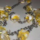 Yellow Square Beaded Opera Necklace Pretty Dainty Cute Swirled Glass Beads Gunmetal Chain Mod Chic