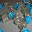 Dainty Charming Aqua and Clear Beaded Opera Necklace Pretty Glow in the Dark Beads Silver Tone Chain