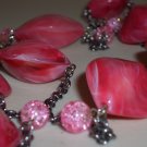 Pretty Pink Salmon Marbled Baubles Opera Necklace Bold Stylish Chunky Plastic Crackled Glass Beads