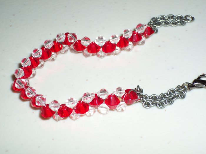 Fire and Ice Sparkly Woven Bracelet Dainty Feminine Red and Clear Faceted Glass Beads Gunmetal Chain