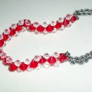 Fire and Ice Sparkly Woven Bracelet Dainty Feminine Red and Clear Faceted Glass Beads Gunmetal Chain