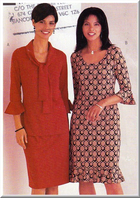 Women's Ruffled Knit Pullover Dress Sz 18-22 Uncut Butterick 3624 Flounce Tie-Collar Close-Fitting