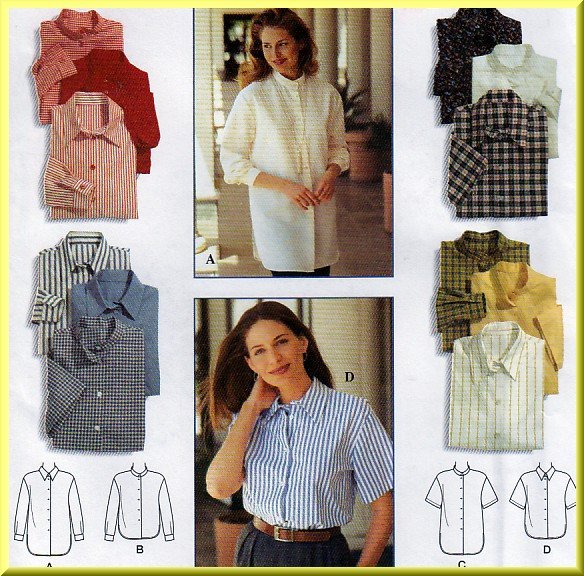 Women's Classic Blouses and Button Front Shirts Sz 12-16 Uncut Simplicity 9818 Cotton Poplin Gingham