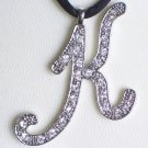 Rhinestone Initial K Matinee Necklace Ice Blue Faceted Glass Bead Dangling Charms Black Silky Cord
