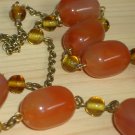 Rustic Autumn Amber Matinee Necklace Yellow Rust Oblong Round Beads Antique Gold Bronze Chain