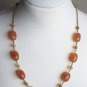 Rustic Autumn Amber Matinee Necklace Yellow Rust Oblong Round Beads Antique Gold Bronze Chain