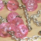 Lovely Feminine Matinee Necklace Pink Crackled Round Glass Beads Dangling Charm Silver Tone Chain
