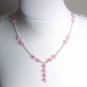 Lovely Feminine Matinee Necklace Pink Crackled Round Glass Beads Dangling Charm Silver Tone Chain