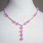 Lovely Feminine Matinee Necklace Pink Crackled Round Glass Beads Dangling Charm Silver Tone Chain