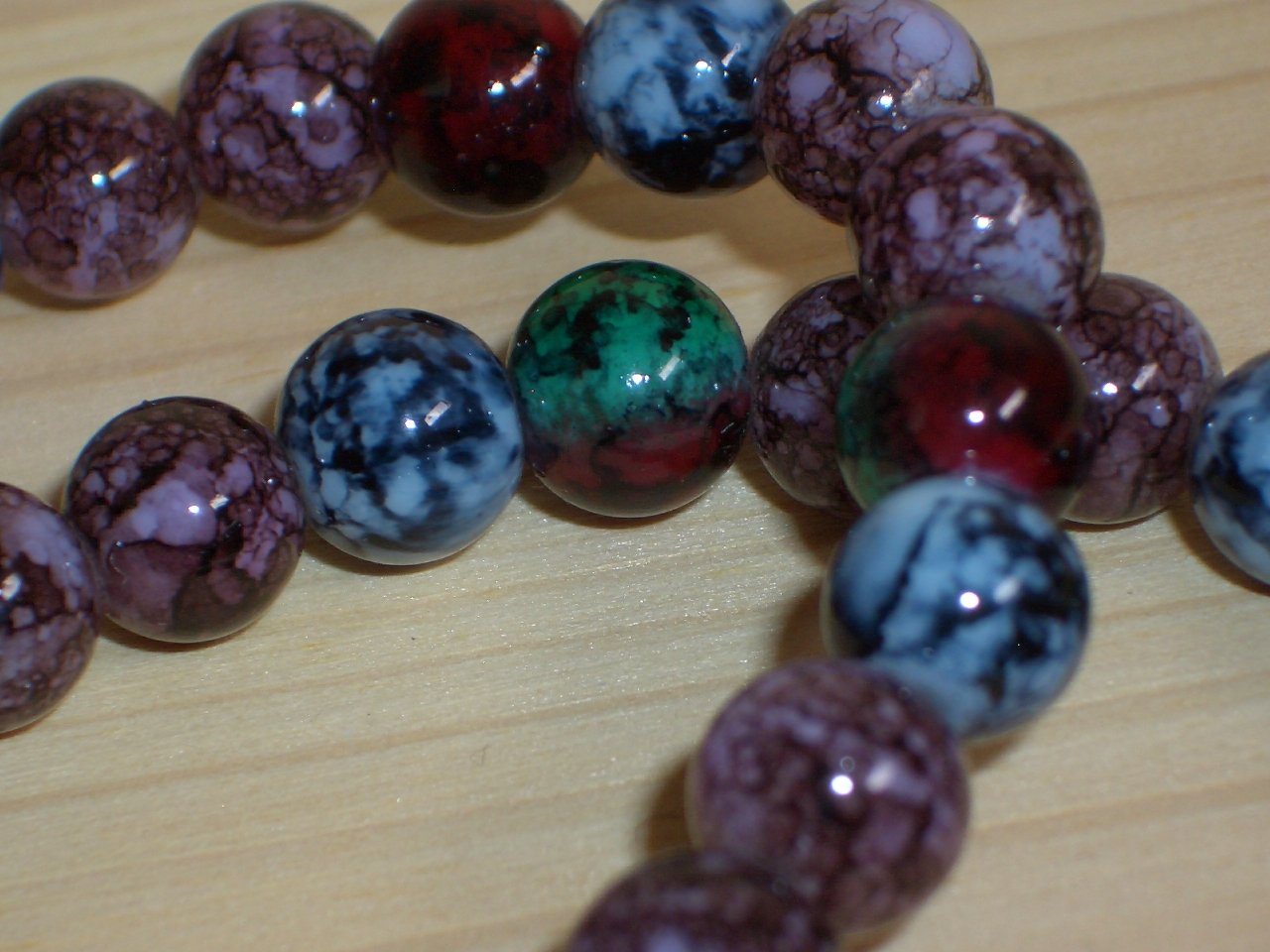 Boho Chic Abstract Matinee Necklace Round Glass Beads Stylish Marbelized Green Blue Purple Plum Red