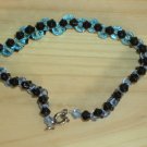 Dainty Elegant Fancy Woven Bracelet Black Aqua Ice Blue Faceted Glass Beads Dressy Stylish Shiny