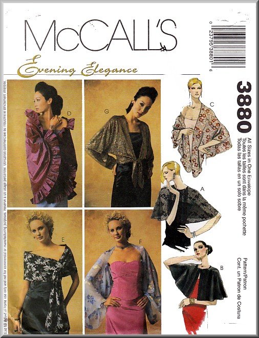 Women's Evening Wraps Coverups Sz XSXL McCall's Sewing Pattern 3880