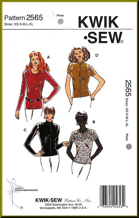 Fitted Stretch Knit Tops Sz XS-XL Kwik Sew Sewing Pattern 2565 T-shirts Long Short Sleeves Zip Front