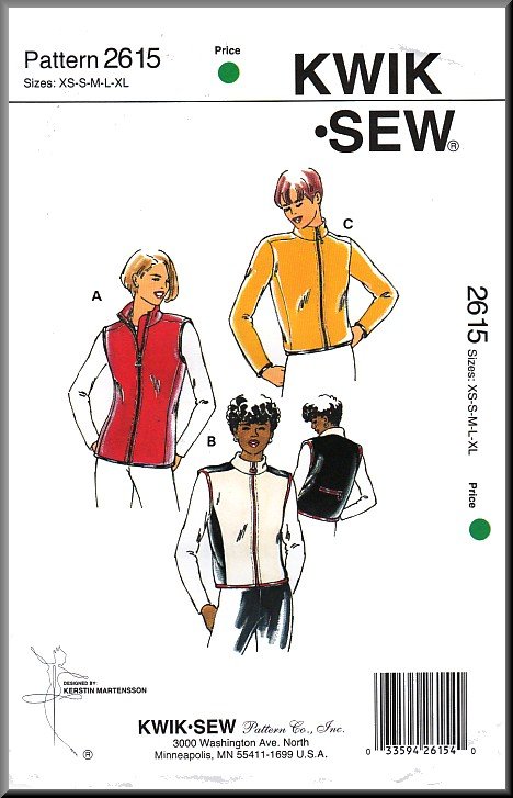 Sporty Fitted Fleece Jacket Vest Sz XS-XL Kwik Sew Sewing Pattern 2615 Zippered Casual Waistcoat