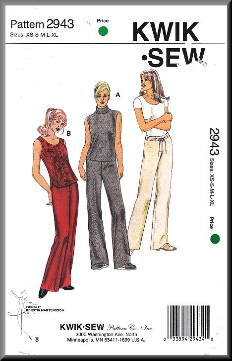 Easy Top Drawstring Trousers Sz XS-XL Kwik Sew Sewing Pattern 2943 Basic Straight Leg Pants Tank Top