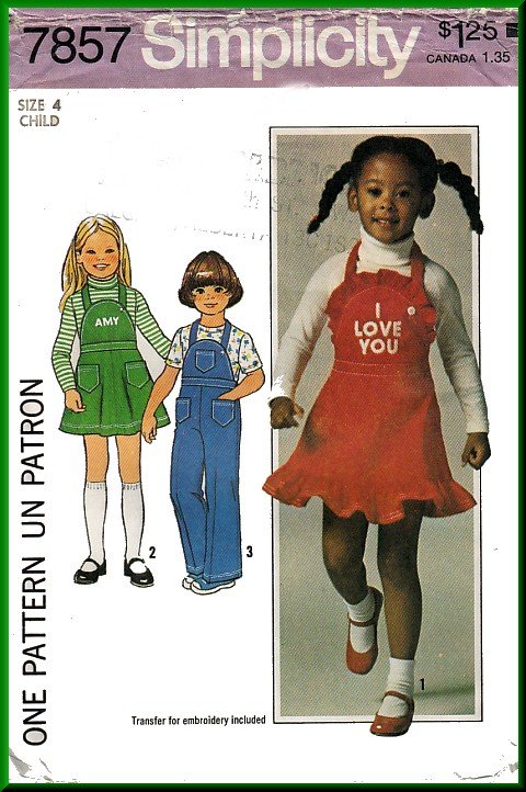 Simplicity Sewing Pattern 7857 Sz 4 Retro Child's Bib Apron Front Jumper Overalls Ruffles Embroidery