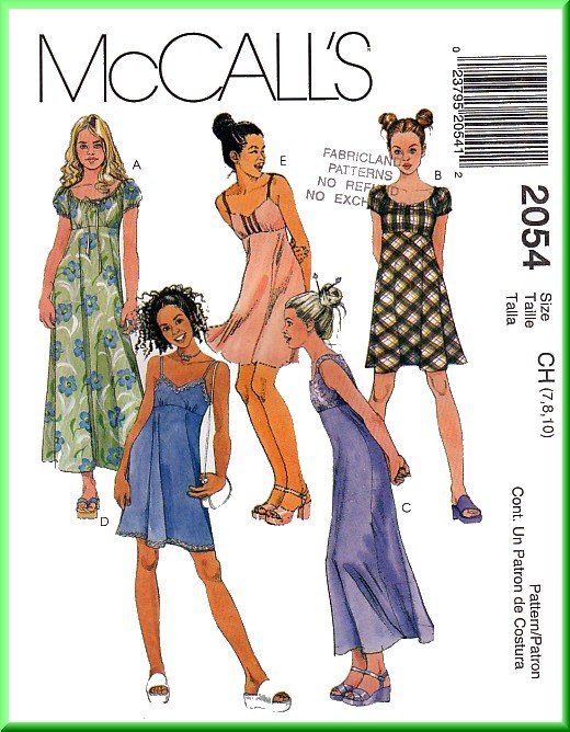 McCall's Sewing Pattern 2054 Sz 7-10 Girl's Empire Bodice Dresses ...