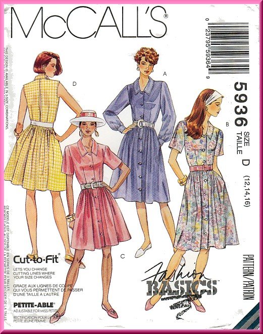 McCall's Sewing Pattern 5936 Sz 12-16 Misses' Retro 90s Flared Shirtdress Button Front Shirtwaister