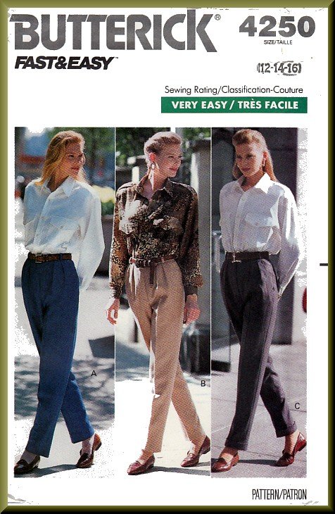 Butterick Sewing Pattern 4250 Sz 12-16 Misses' Classic Trousers Tapered Pleats Fly Front Dress Pants