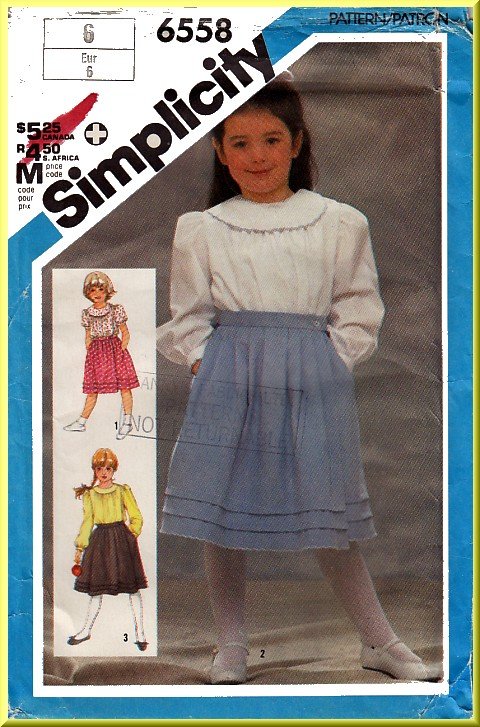 Simplicity Sewing Pattern 6558 Sz 6 Retro Girls' Puffy Wrap Blouse Yoke Collar Pleated Wrap Skirt