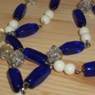 Cobalt Blue Bohemian Chic Necklace Clear White Blue Beads Dangling Charm 22.5" Beaded Matinee Length