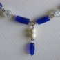 Cobalt Blue Bohemian Chic Necklace Clear White Blue Beads Dangling Charm 22.5" Beaded Matinee Length