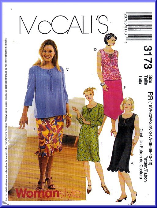 McCall's Sewing Pattern 3173 Plus Size 18W-24W Women's Summer Dresses Tops Skirts Ruffles Neck Ties
