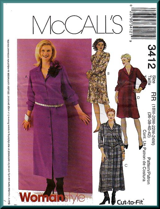 McCall's Sewing Pattern 3412 Plus Size 18W-24W Women's Shirtdress 4 Styles Shirtwaister Button Front