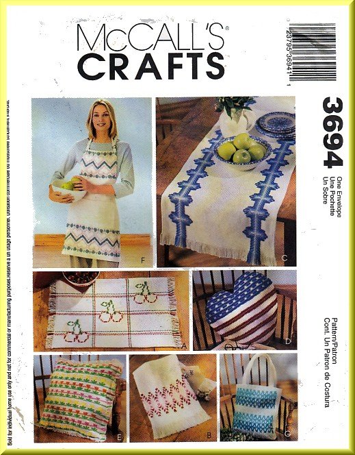 McCall's Sewing Pattern 3694 Huck Weaving Arts Crafts Apron Placemat Towel Table Runner Pillows Bag