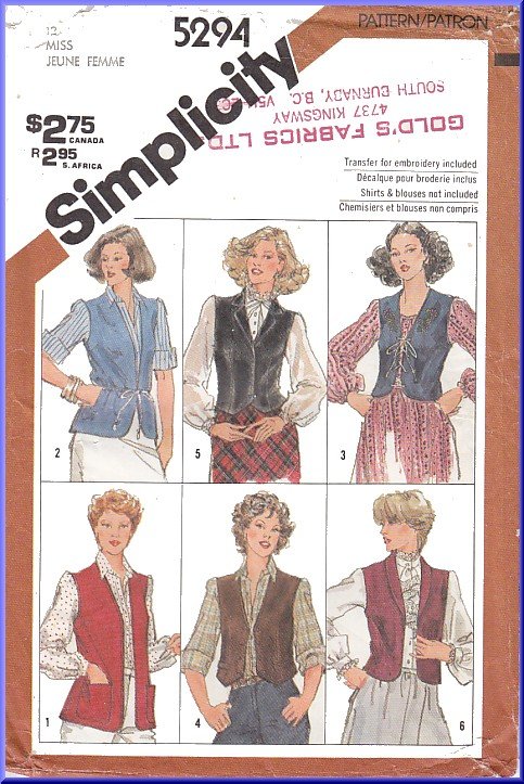 Vintage Simplicity Sewing Pattern 5294 Sz 12 Misses' Set of Vests Waistcoat Lined Unlined Embroidery