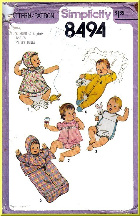 Vintage Simplicity Sewing Pattern 8494 Sz 6MO Babies' Layette Bunting Sleeper Bonnet Pajamas Sunsuit