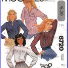 Vintage McCall's Sewing Pattern 8720 Size 8 Misses' the Gap Button Shirts Blouses Collar Cuffs Retro