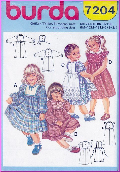Vintage Burda Sewing Pattern 7204 Size 6M-3/4 Girls' Pretty Dress Frilly Pinafore Peter Pan Collar